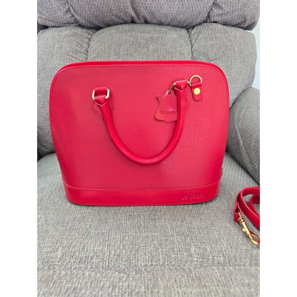 LE SABBI red GENUINE LEATHER ZIP TOP BOWLER SATCHEL HANDBAG SHOULDER BAG flaws